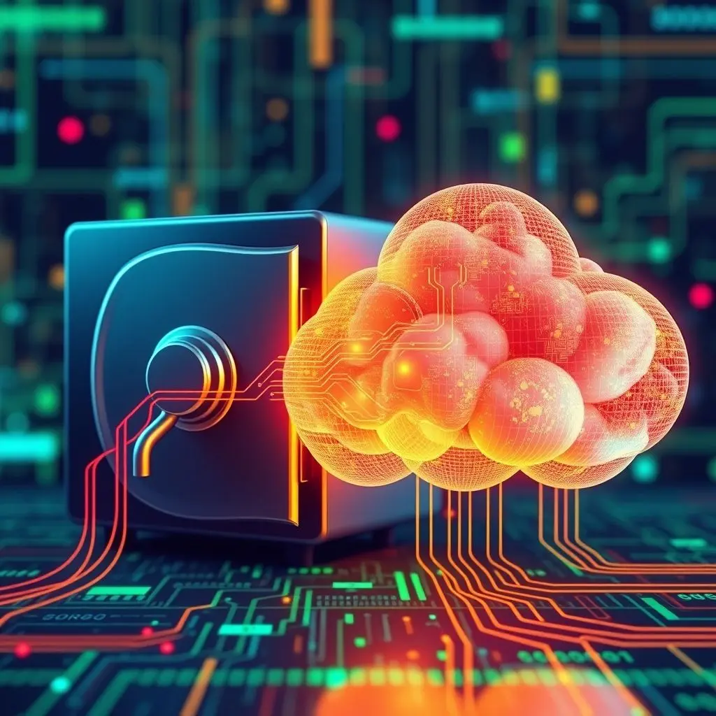 Abstract digital streams flowing between a physical safe and a cloud, symbolizing the choice between local and cloud storage.