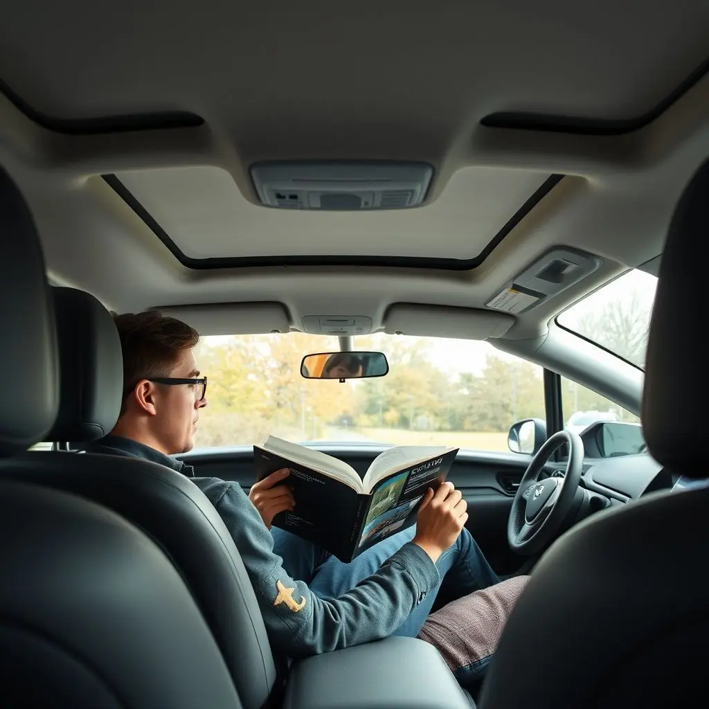 Person reading a book comfortably in the back seat of a self-driving car