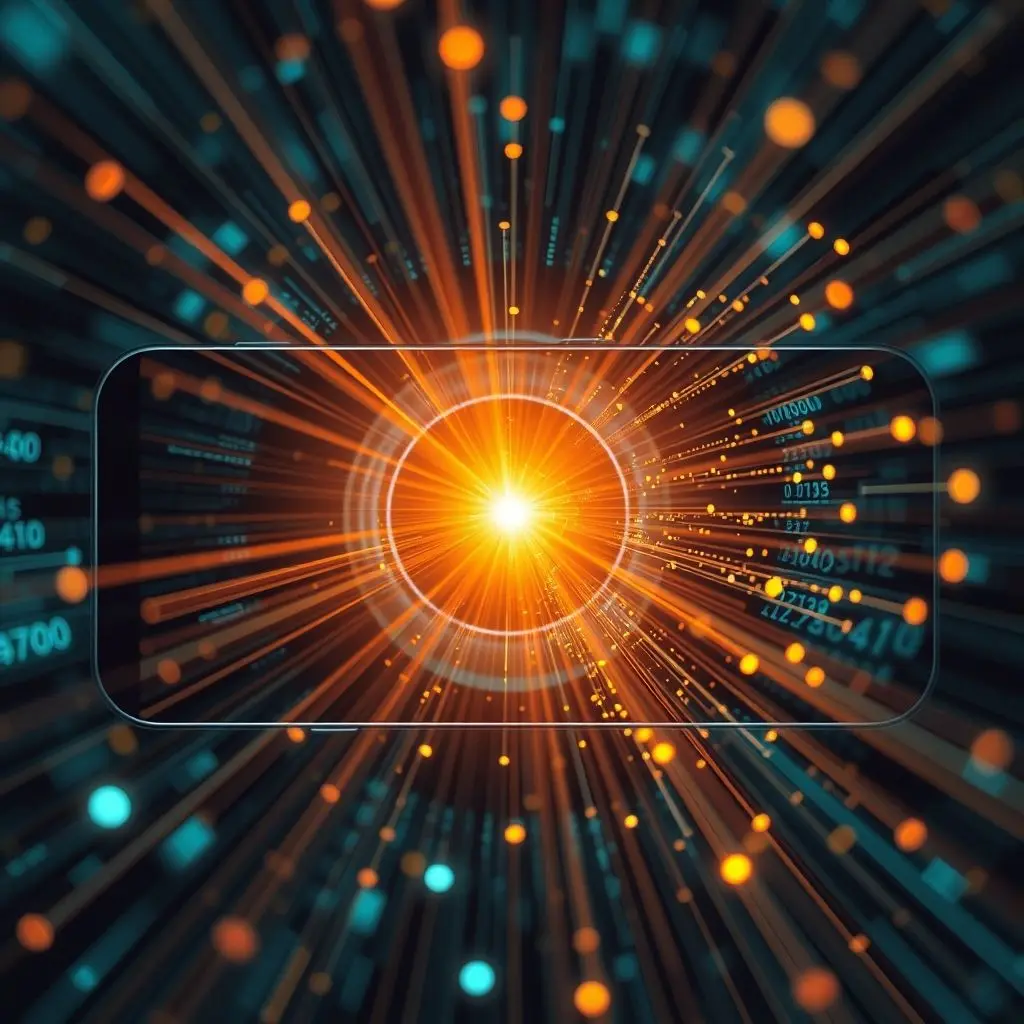 Conceptual image showing AI algorithms and neural networks enhancing a photo captured by a smartphone.