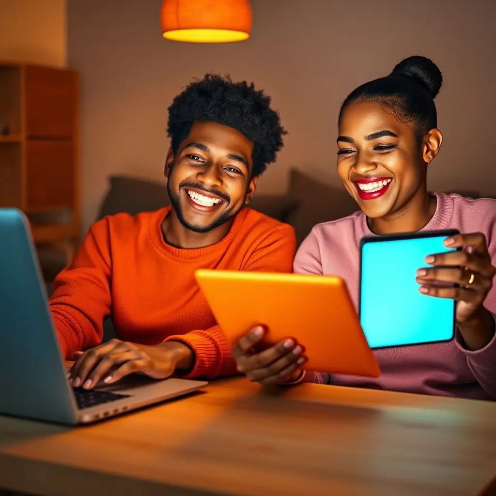 A diverse couple having a virtual date on their laptops, smiling and interacting through video call.