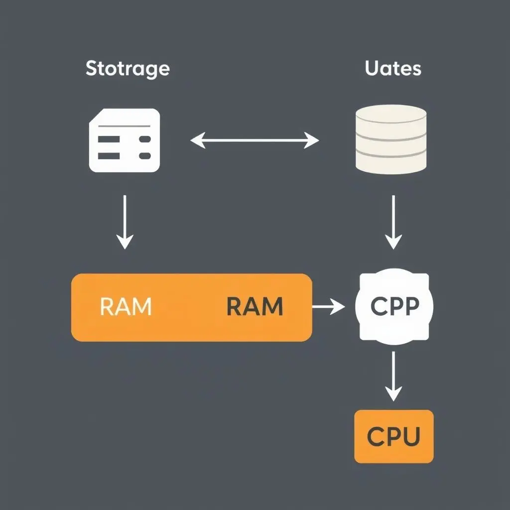 Diagram showing data flow from Storage to RAM and then to the CPU.