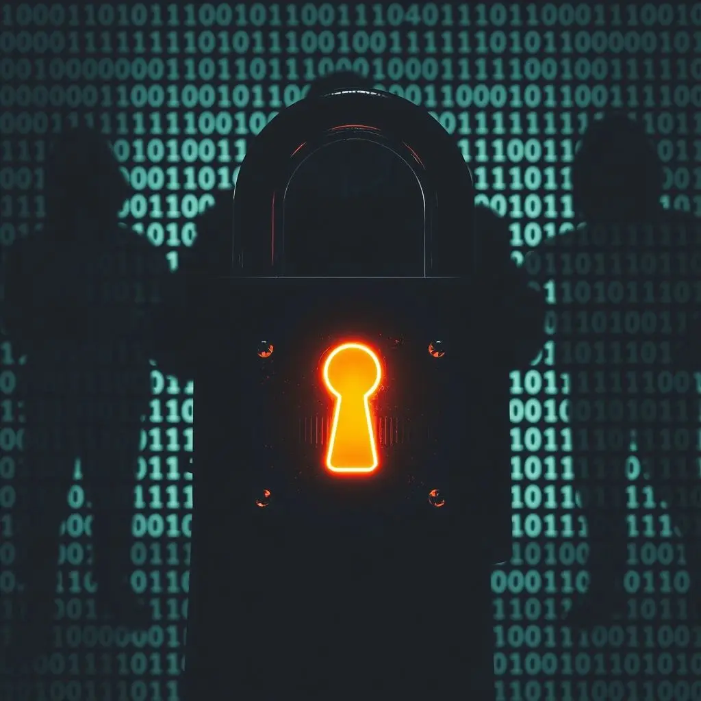 Digital lock with shadowy figures representing hackers