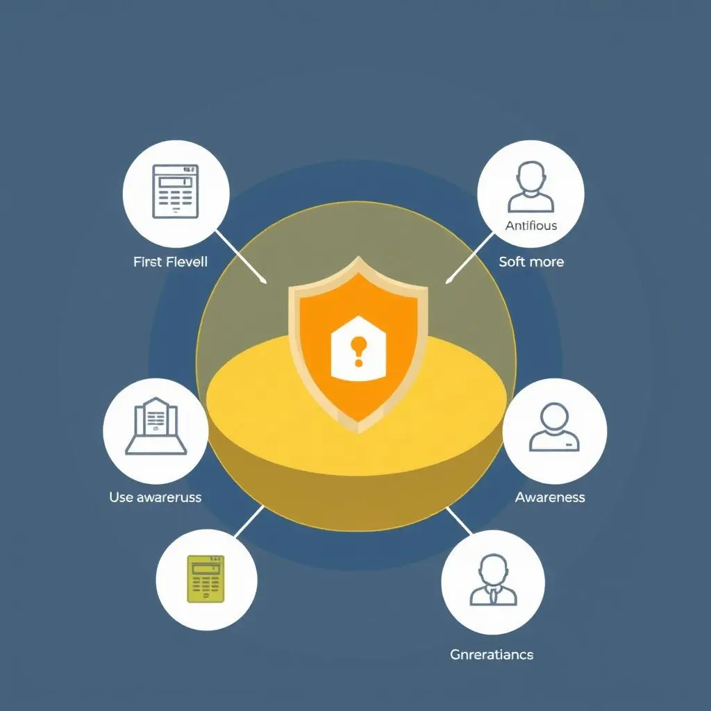 Illustration showing multiple layers of cybersecurity defense, including a firewall, antivirus, and user awareness.