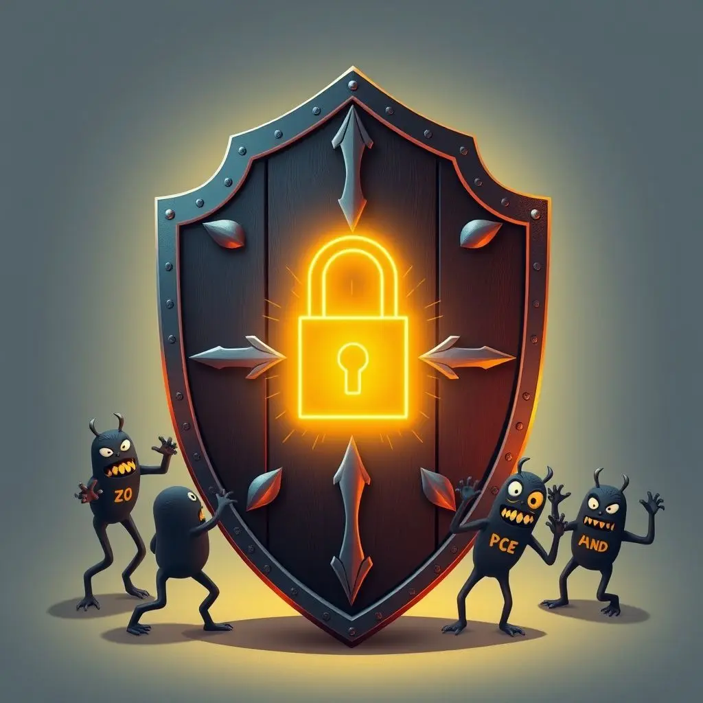 Cybersecurity shield deflecting malware monsters