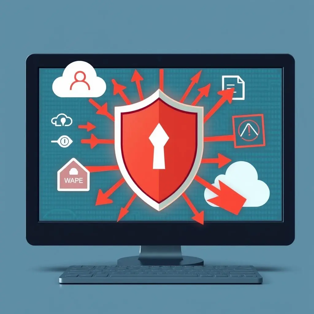 A digital shield deflecting cyber threats from a computer and cloud data