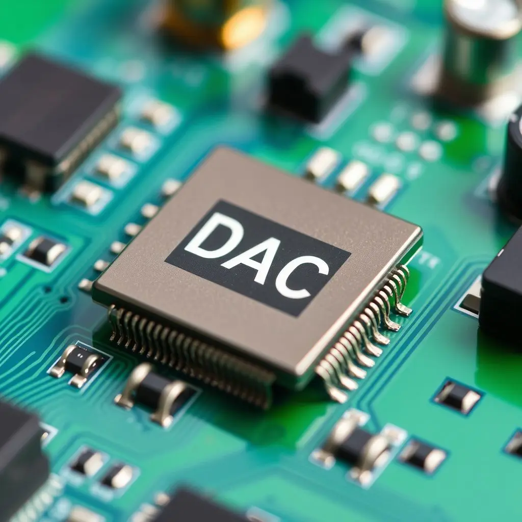 Close-up of a Digital-to-Analog Converter (DAC) chip on a circuit board