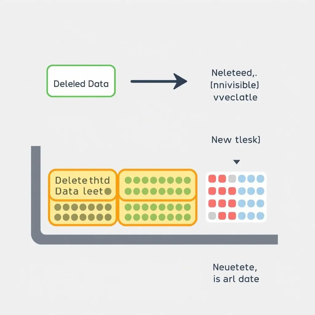 Diagram showing deleted data blocks getting overwritten by new data, reducing recovery chances.