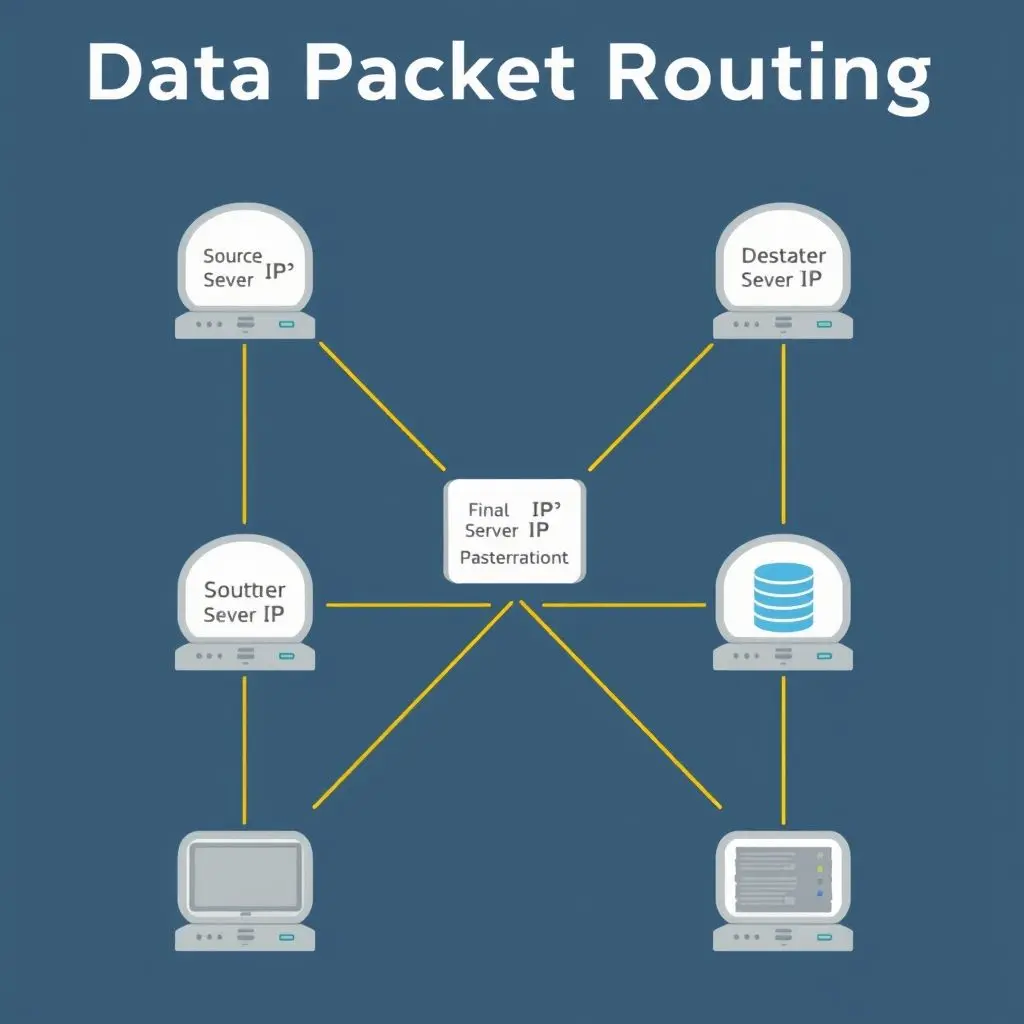 Illustration showing a data packet with source and destination IP addresses traveling through multiple routers to reach a server.