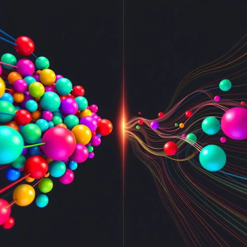 Abstract depiction of data packets: constricted flow through a narrow bandwidth bottleneck versus free flow through a wide bandwidth channel.