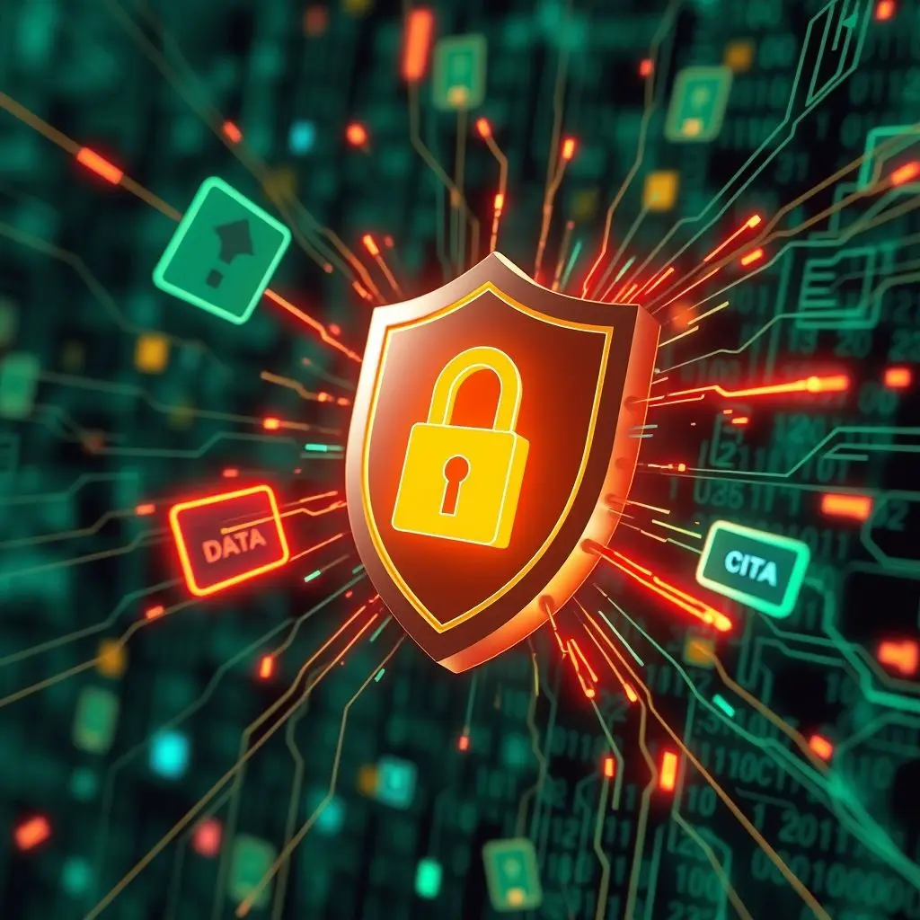 A digital shield deflecting threats from data packets, symbolizing encryption's protective role.
