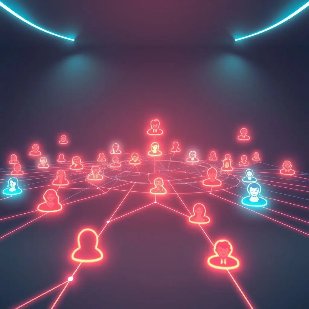 Abstract representation of a dating app algorithm interface with glowing lines and user profiles.