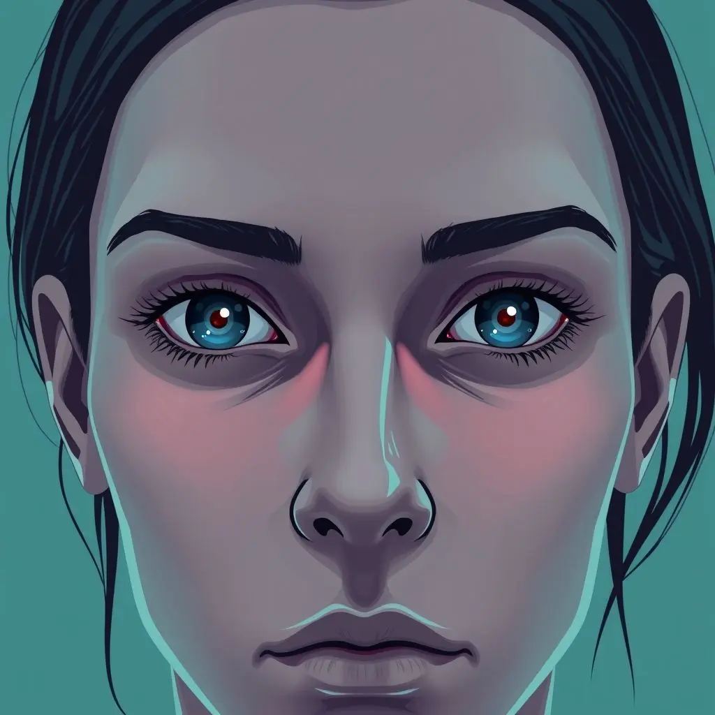 Illustration showing unnatural blinking patterns and strange reflections in deepfake eyes.