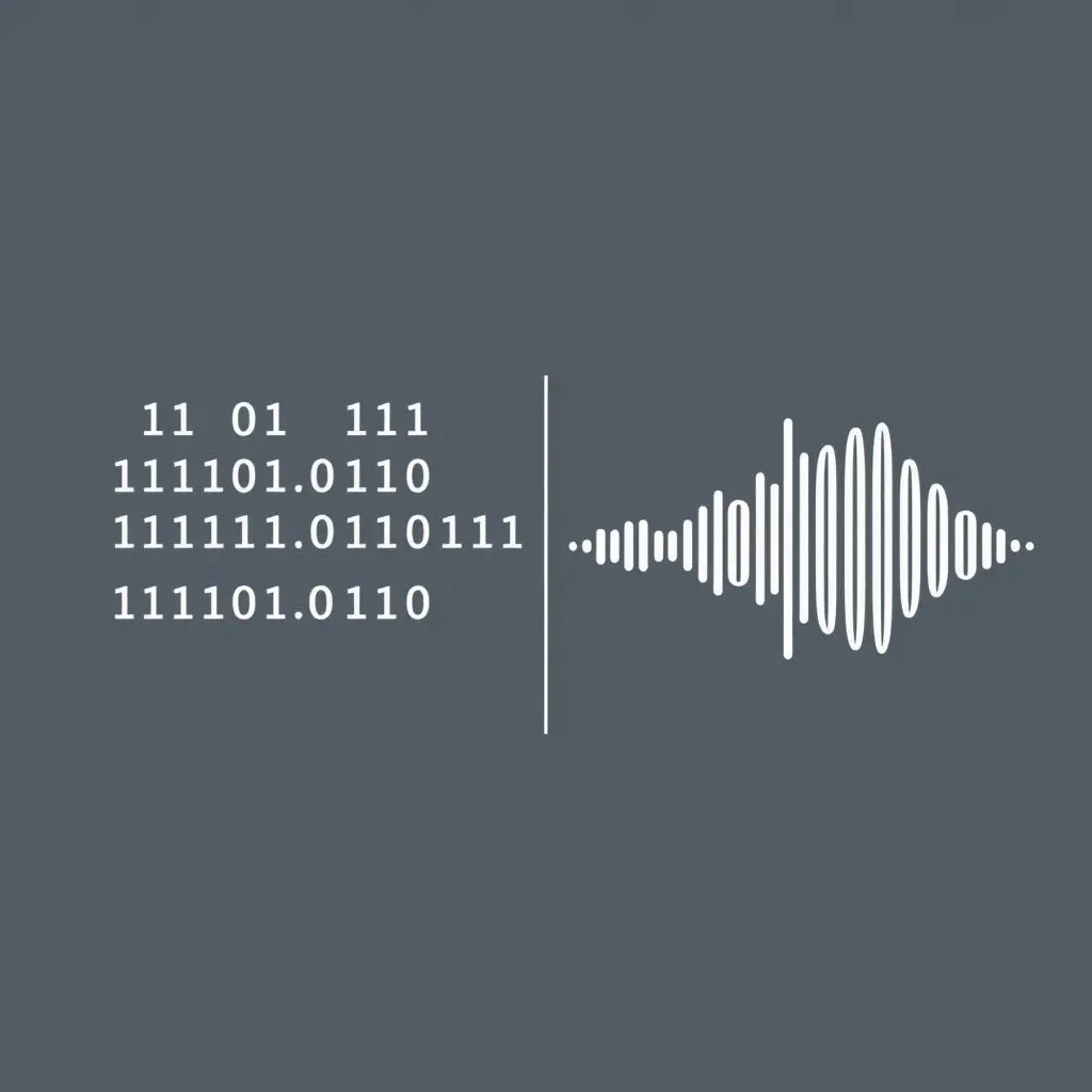 Stylized representation of digital 0s and 1s transforming into an analog sound wave