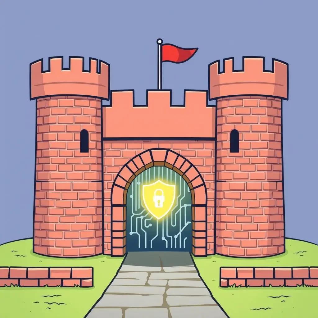 Illustration of a digital fortress with a strong brick wall and gate, representing a firewall protecting a network.