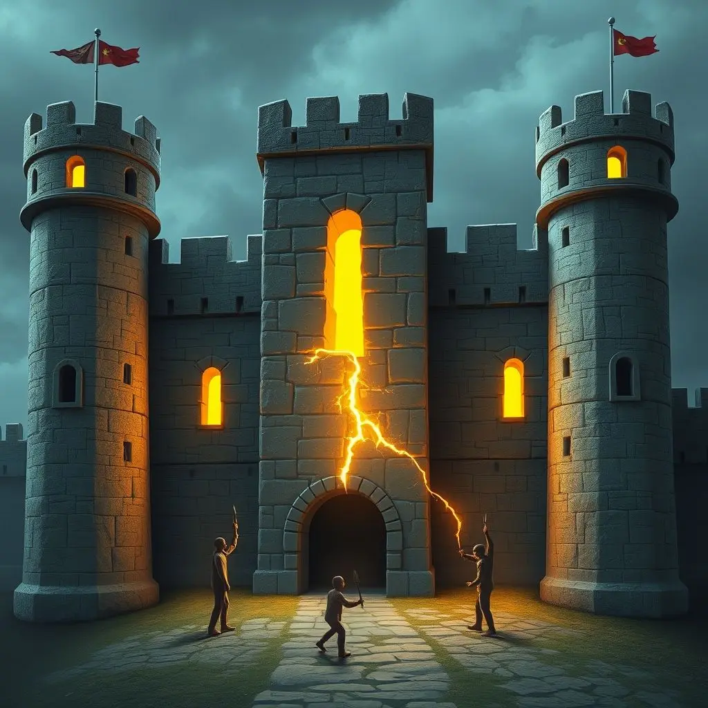 Digital fortress illustrating software vulnerabilities as cracks in the wall