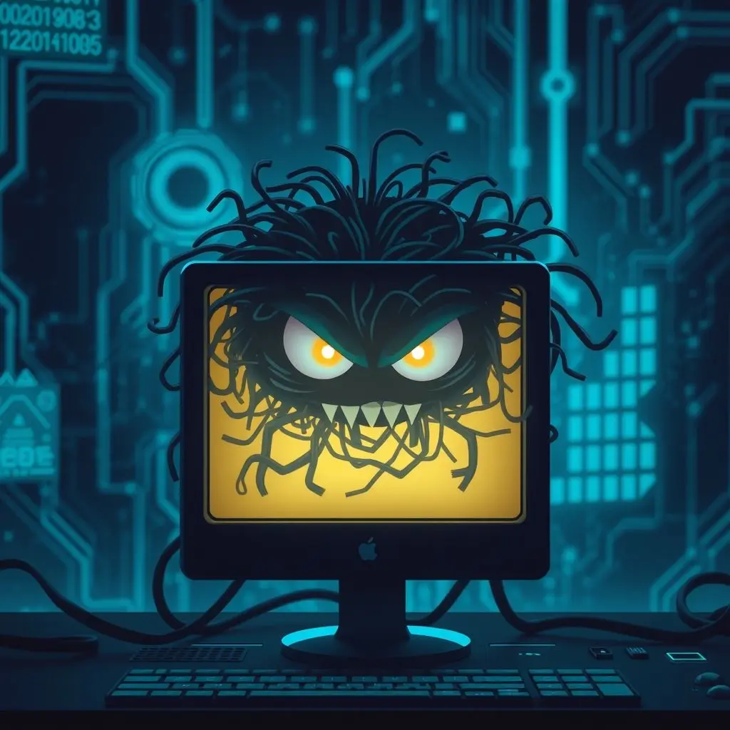 Stylized digital monster made of code lurking behind a computer screen