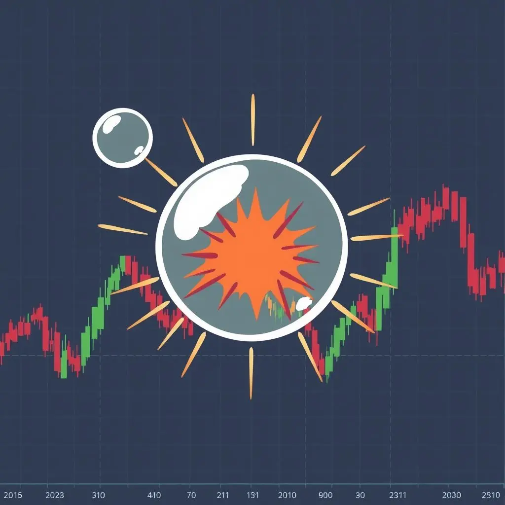 Illustration of a bursting bubble graphic overlaid on a crashing stock market chart.
