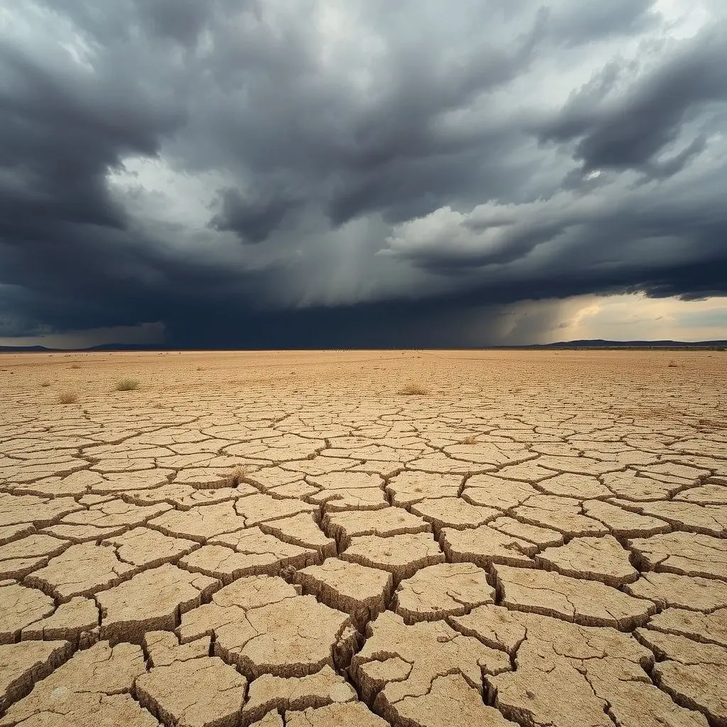 Severe drought landscape with storm clouds far away