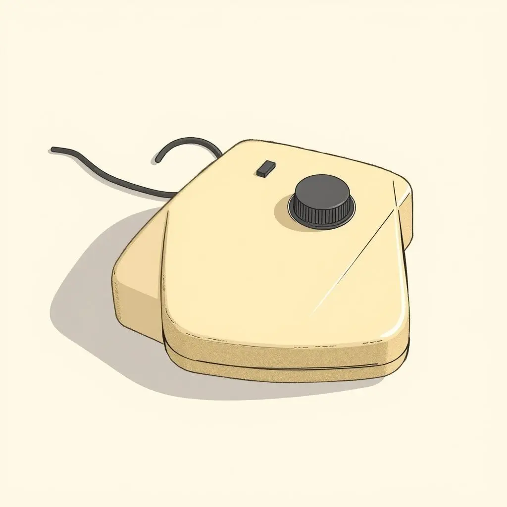 Illustration of a simple, early computer mouse with buttons, reminiscent of designs from the 1970s-80s.