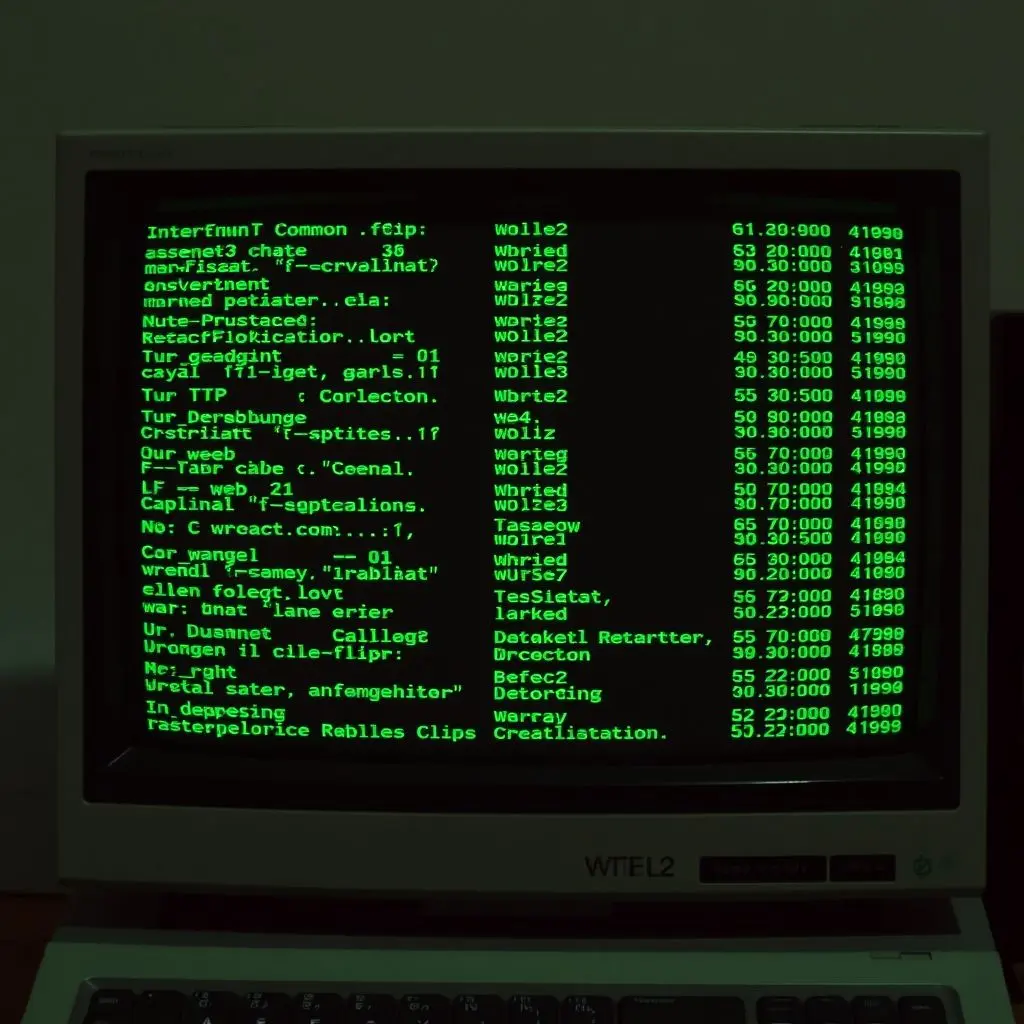 Retro computer screen displaying complex command-line interface from the 1980s internet era
