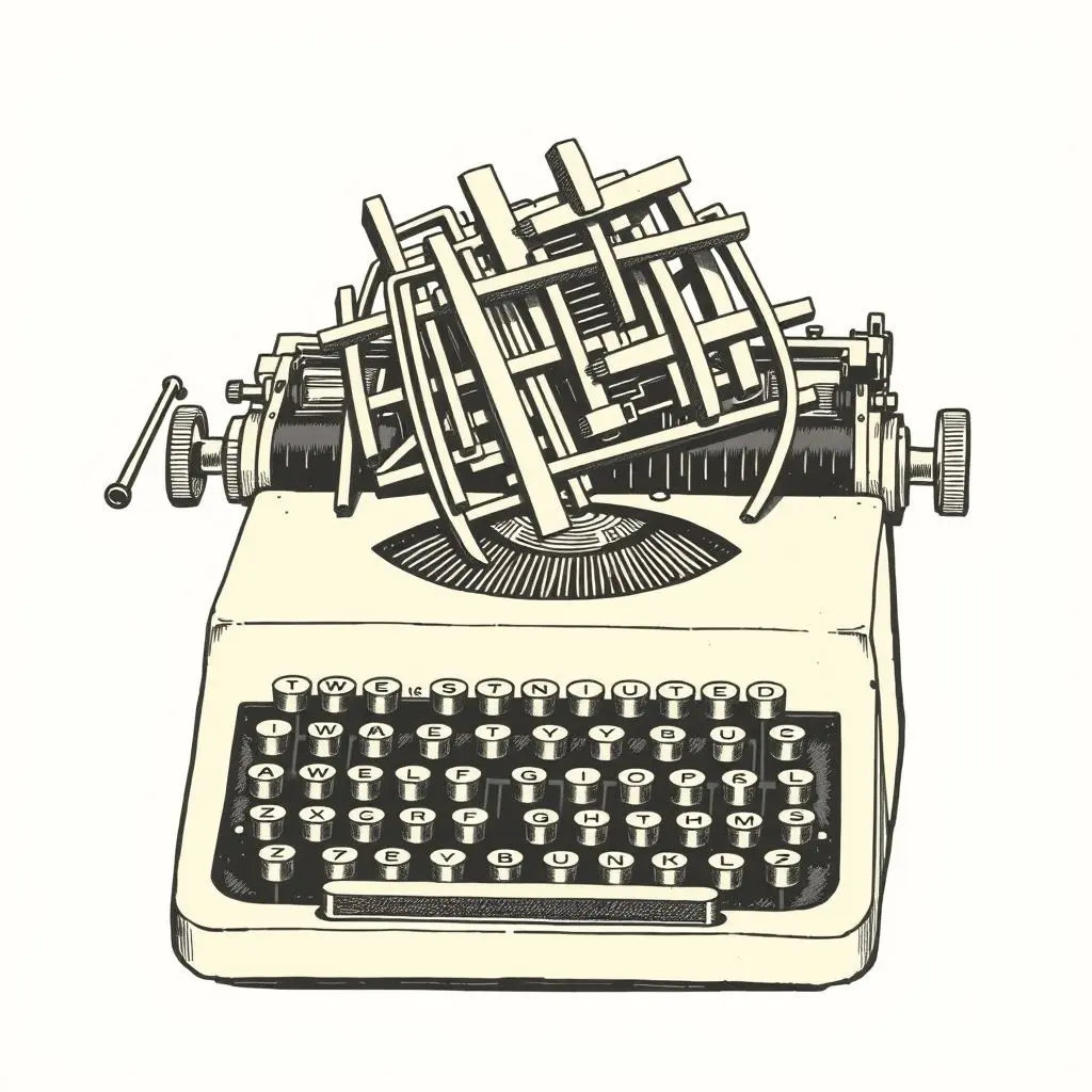 Illustration of an early mechanical typewriter with tangled type bars, representing a jam.