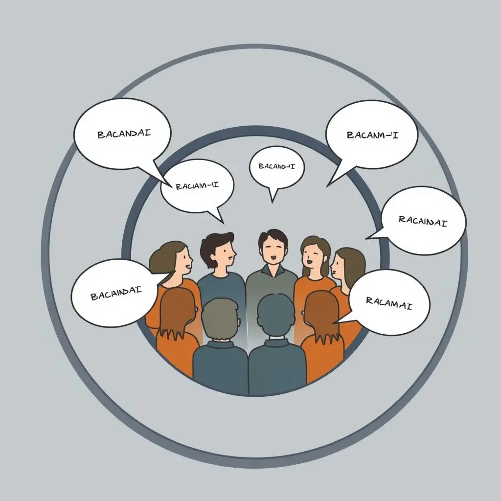 Illustration showing multiple individuals inside a soundproof room, with their voices echoing and amplifying each other, symbolizing an echo chamber.