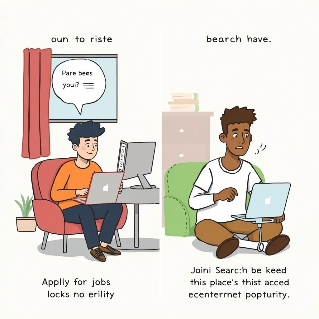 Illustration showing job search and remote work challenges due to lack of internet access