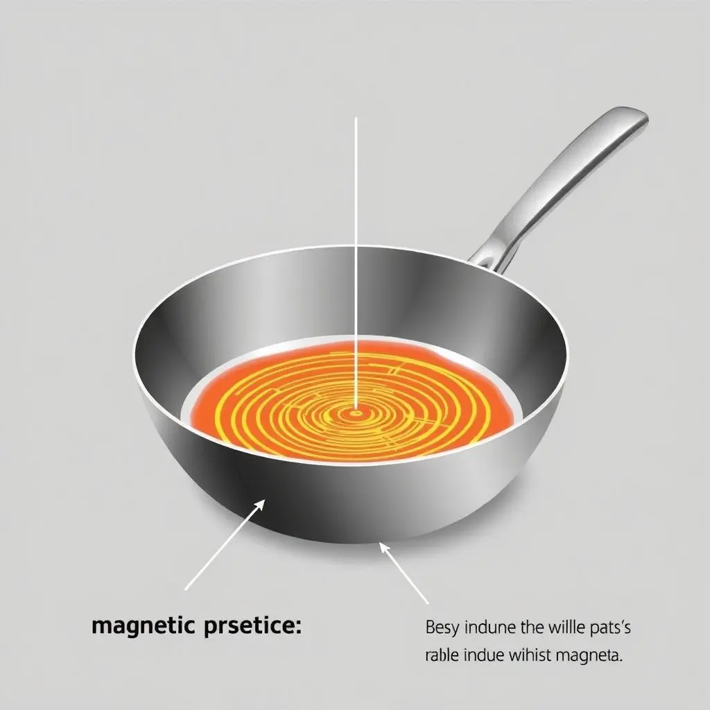 Diagram showing magnetic field lines passing through a pan and inducing swirling eddy currents within the pan's base.