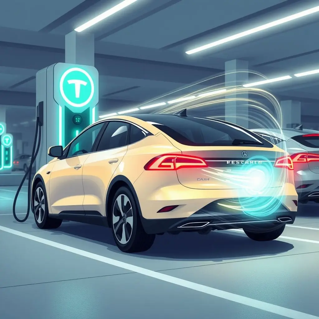 Stylized image showing an electric car rapidly charging at a futuristic charging station.