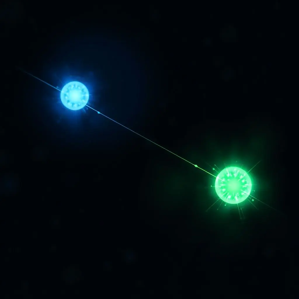 Abstract visualization of two interconnected quantum particles linked across a cosmic background