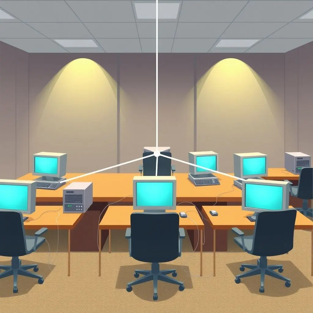 Diagram showing multiple computers connected together via network cables, representing an early Ethernet local area network.