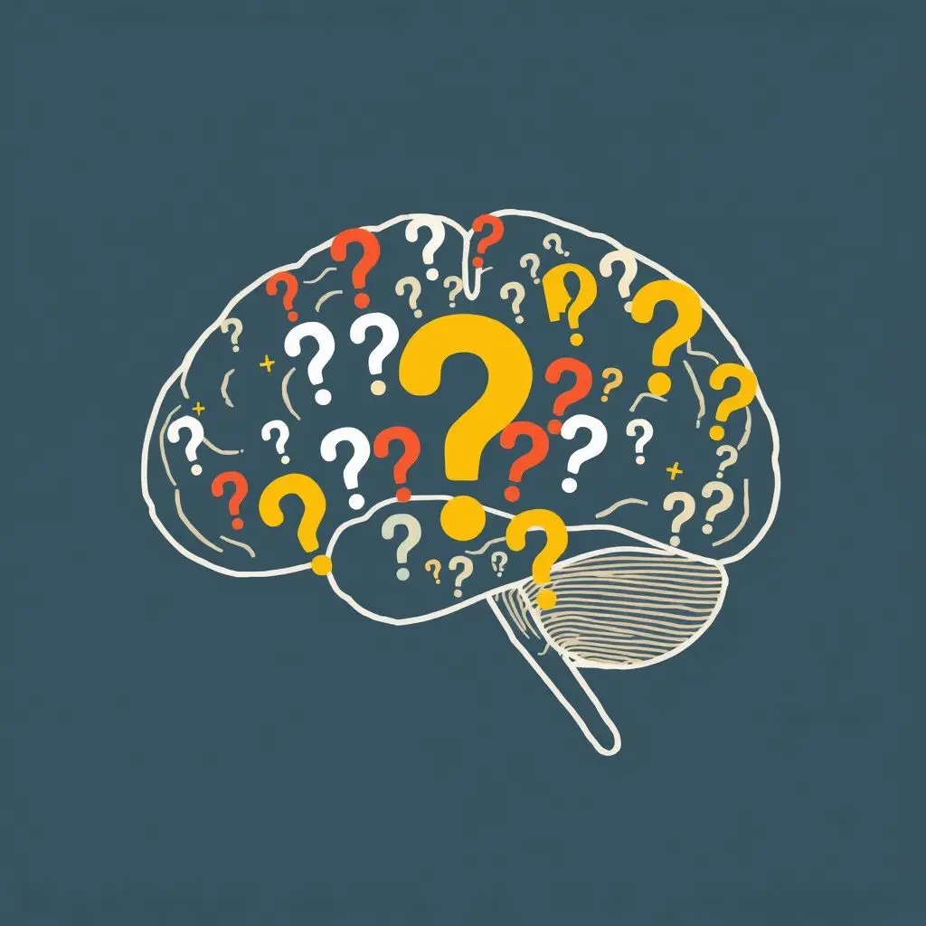 Abstract image showing a brain outline filled with question marks and ethical symbols, representing the complex moral and societal questions surrounding advanced neural technology.