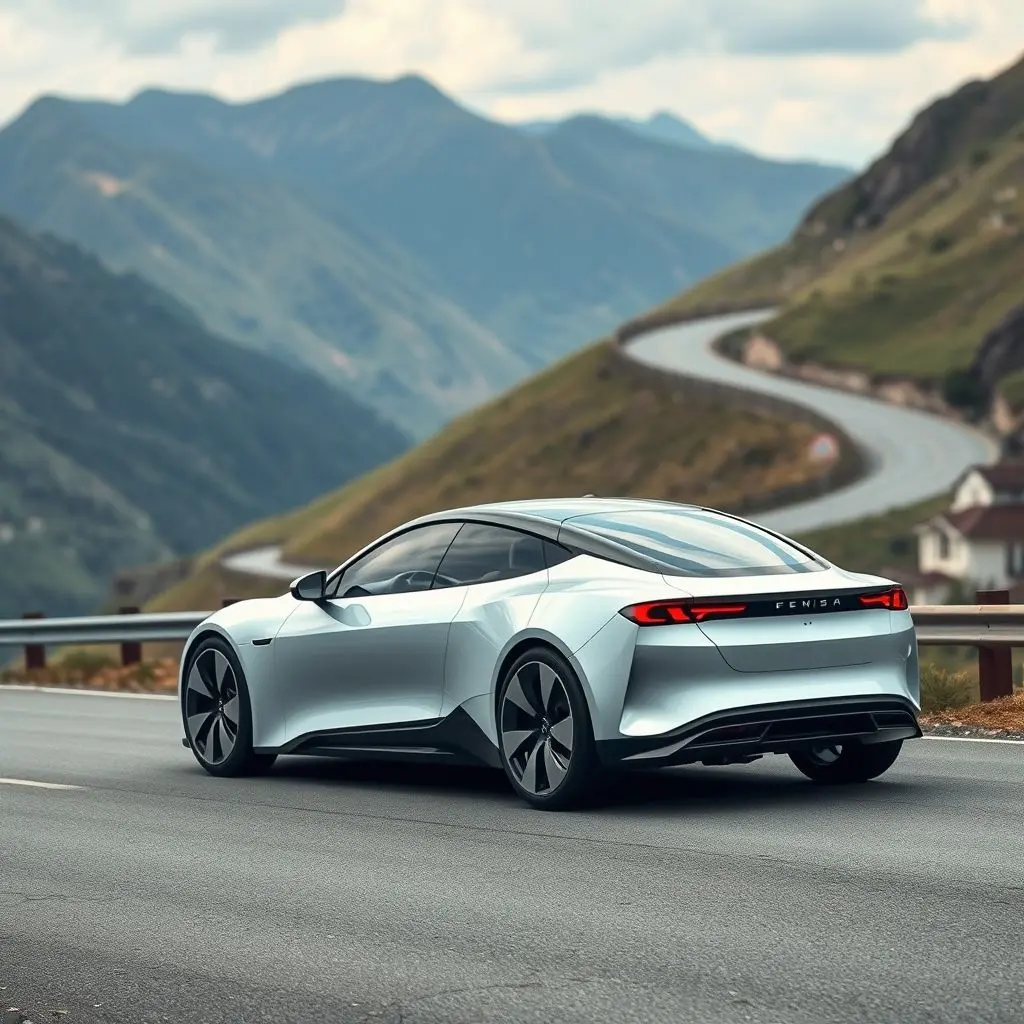 Sleek electric car driving on a scenic road, symbolizing no range anxiety.