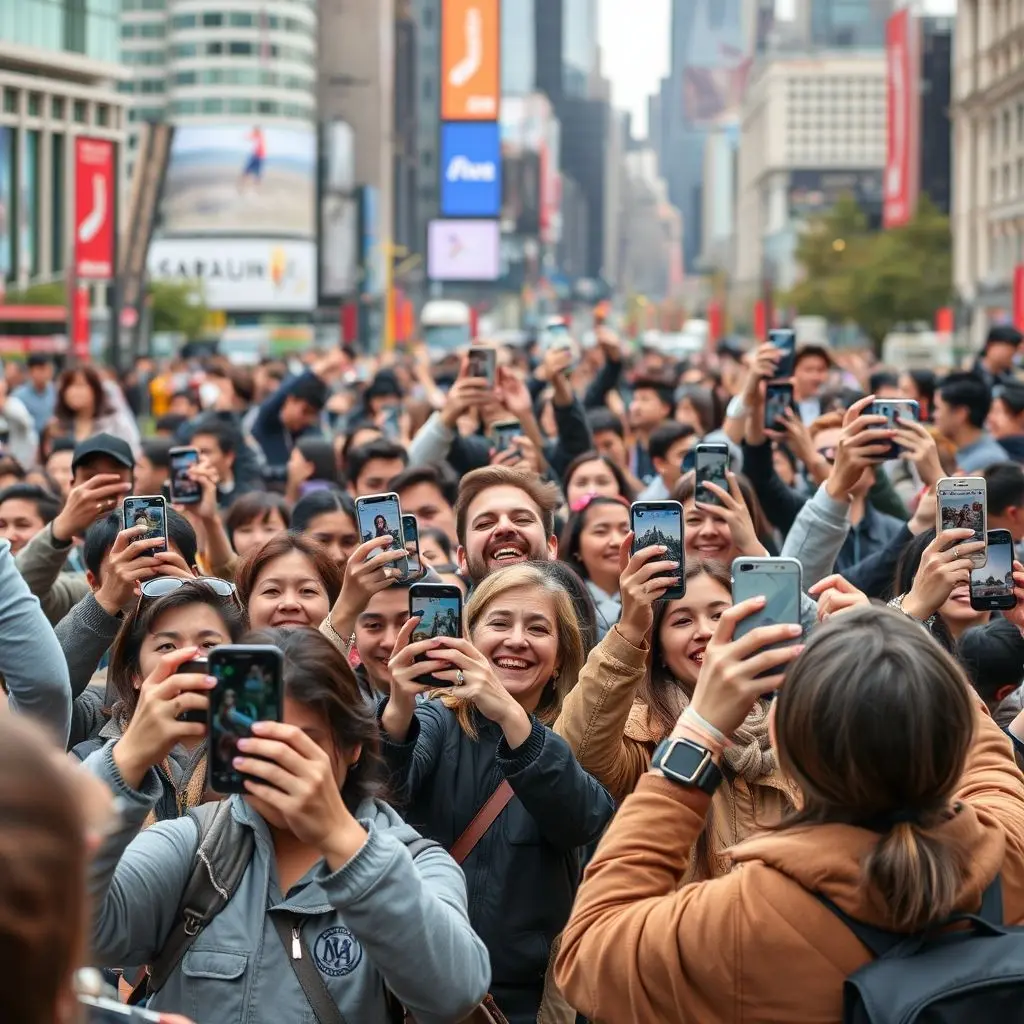Diverse group of people using smartphones to take photos in various everyday situations.
