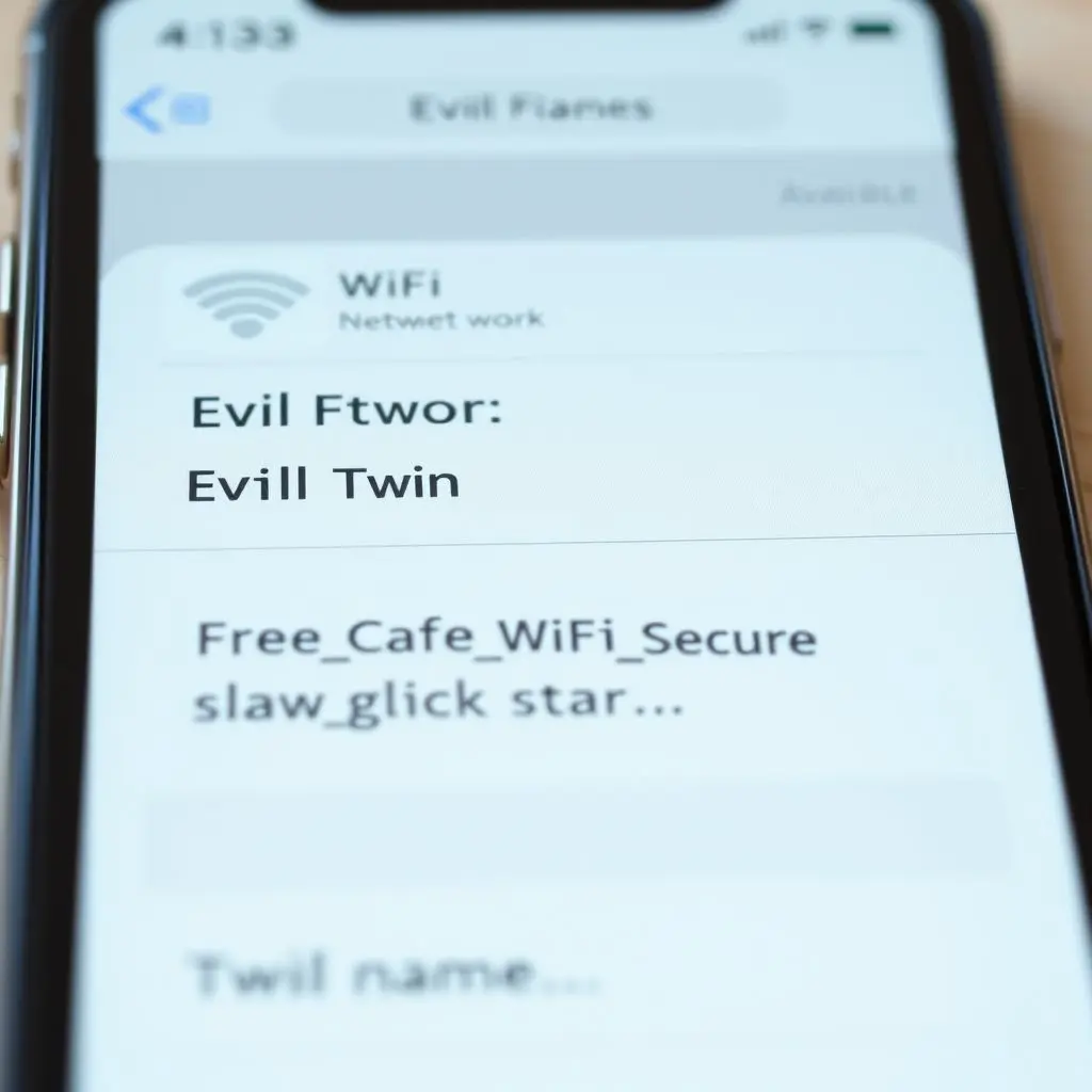 Smartphone screen showing a list of Wi-Fi networks, with one highlighted as a deceptive Evil Twin hotspot.