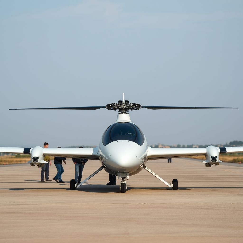 An eVTOL aircraft prototype sitting on an airfield tarmac during a test phase