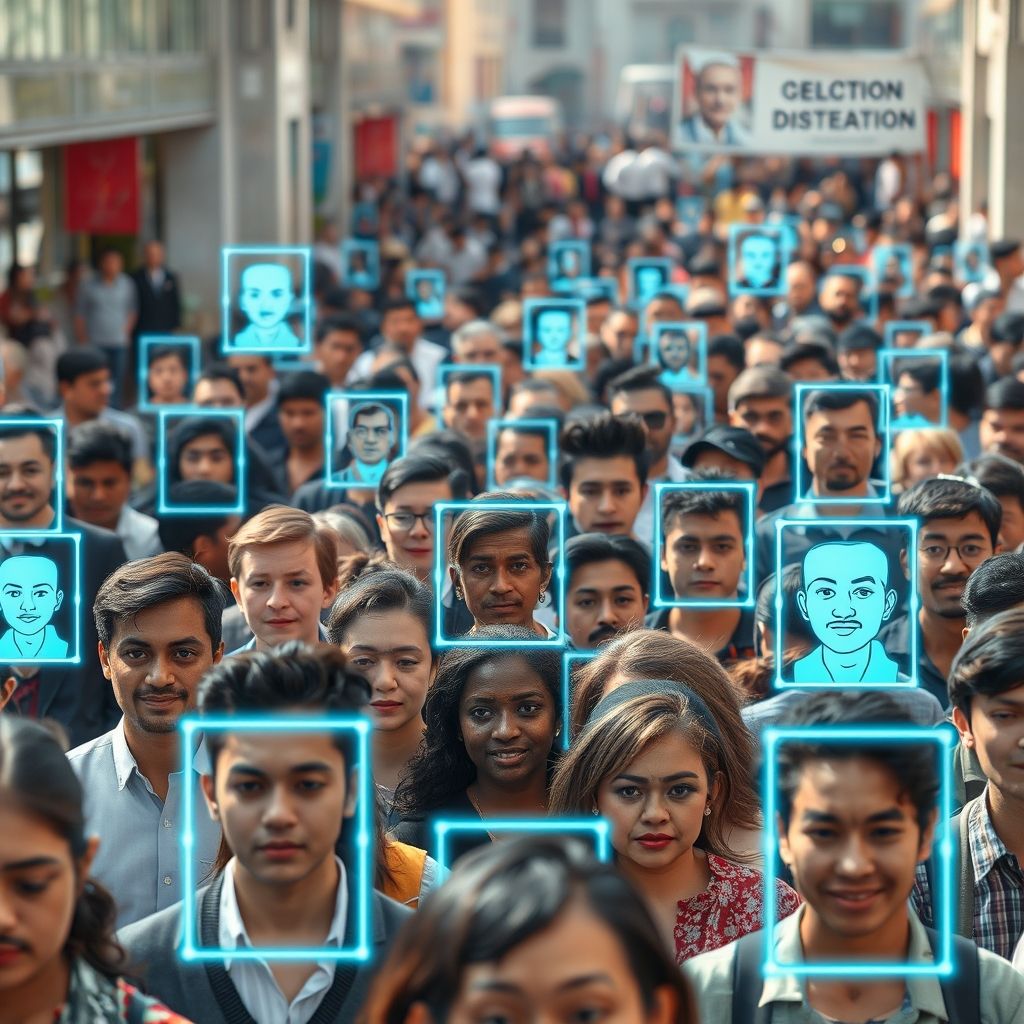 Crowd with digital boxes highlighting detected faces