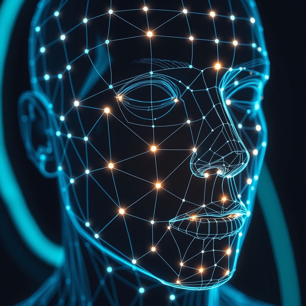 Wireframe model of a face showing landmark points for faceprint creation