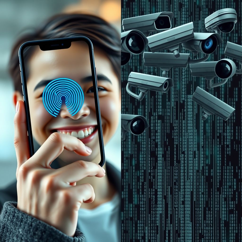 Split image: phone unlock (positive) vs surveillance cameras (concern)