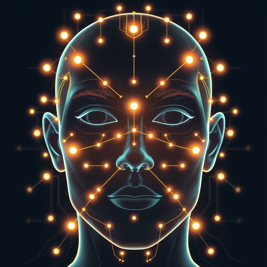 Stylized human face with digital lines symbolizing facial recognition technology