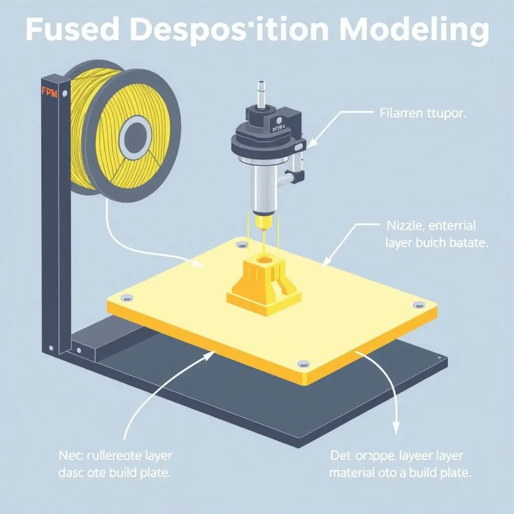 Illustration of the FDM 3D printing process showing filament, extruder, and layered object creation.