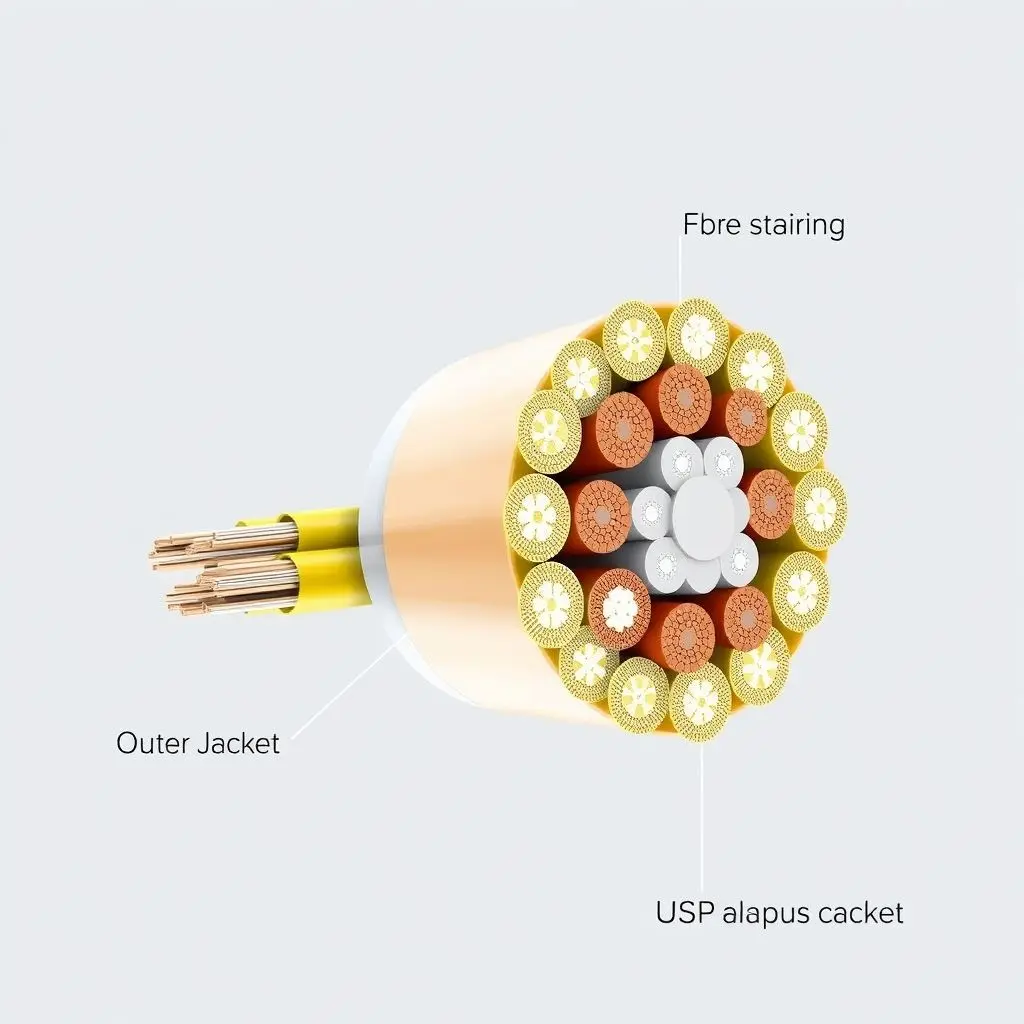 Detailed cross-section of a fiber optic cable showing core, cladding, and protective layers.