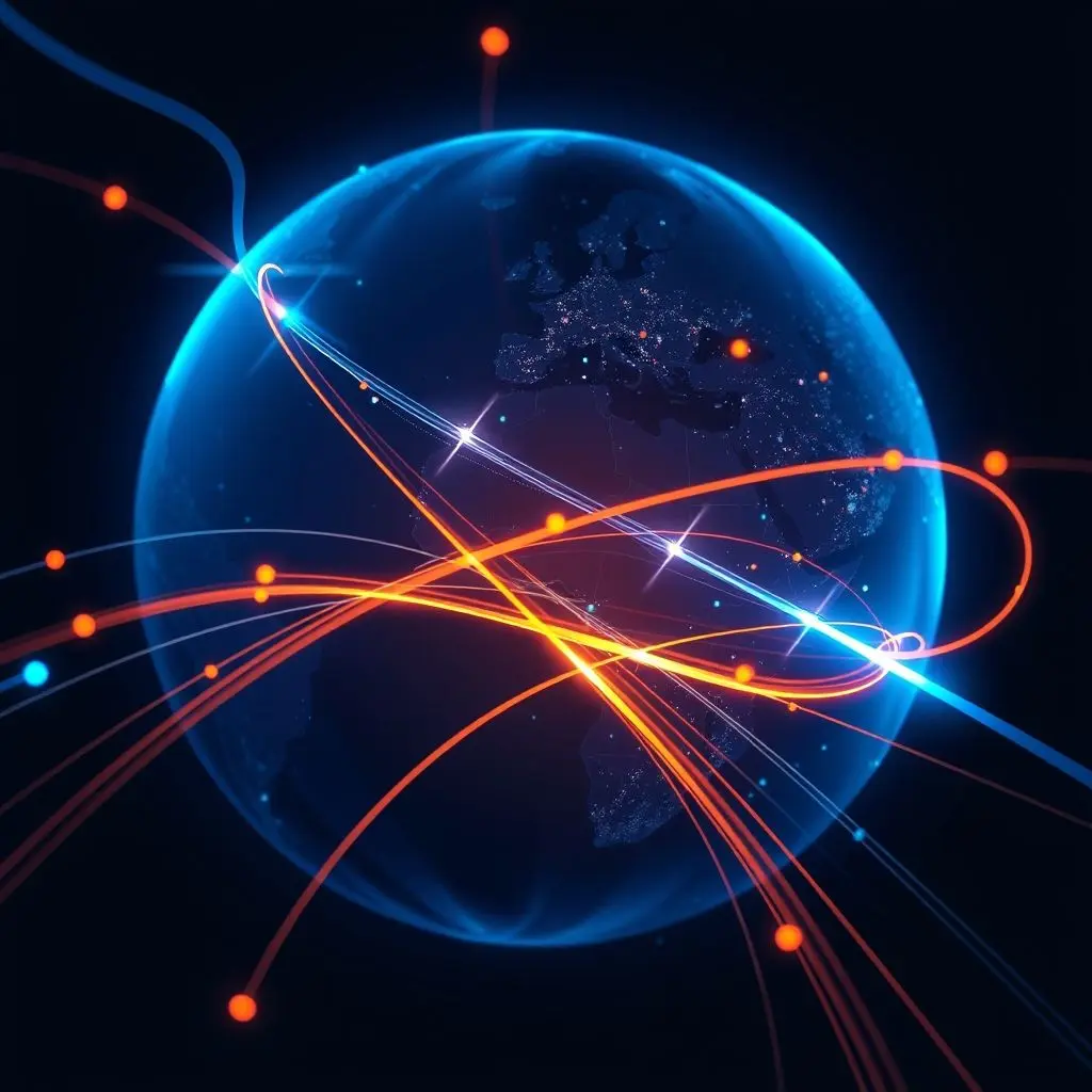 Abstract representation of data pulses as light beams connecting a stylized globe via fiber optics.