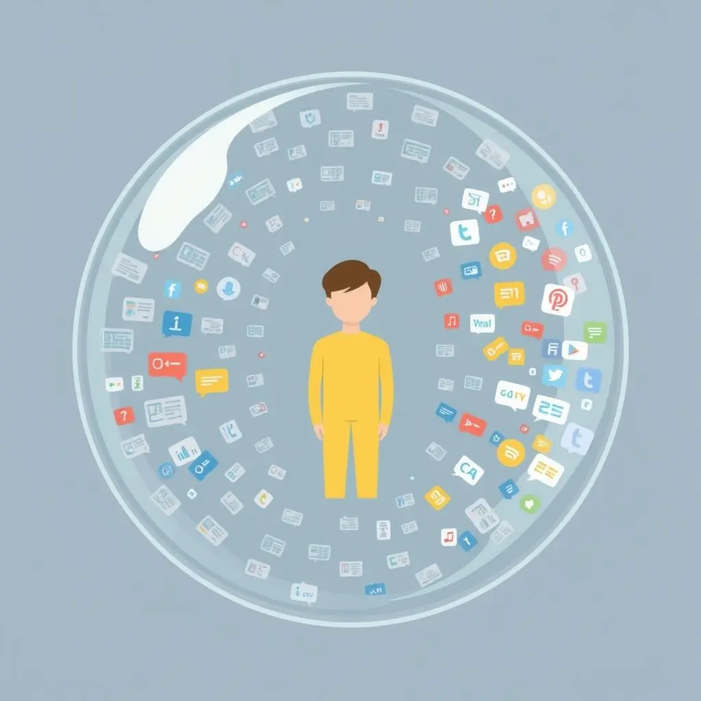 Visual representation of a person surrounded by information spheres, illustrating a filter bubble created by algorithms.
