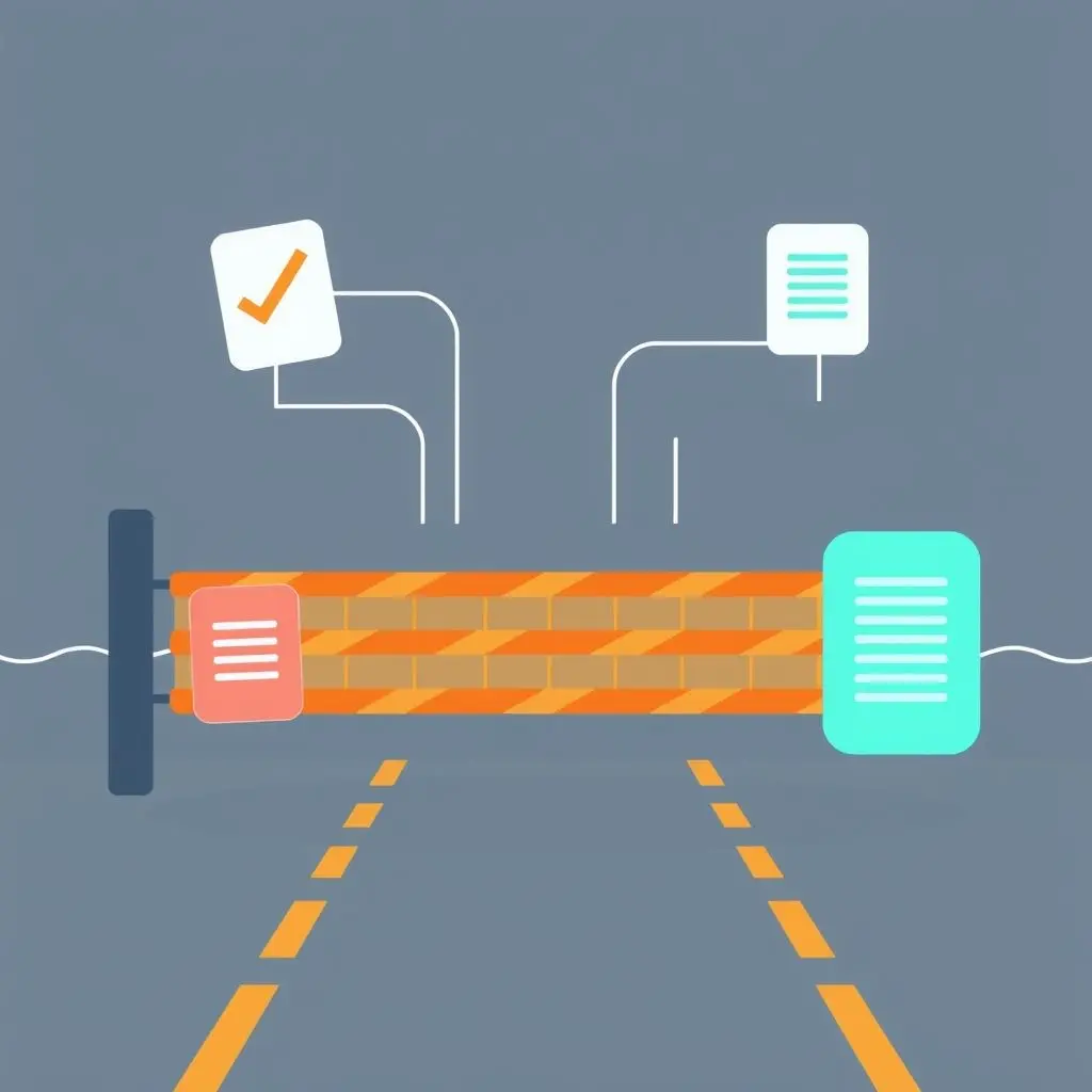 Illustration depicting firewall rules as a flowchart deciding to allow or block data packets based on criteria.