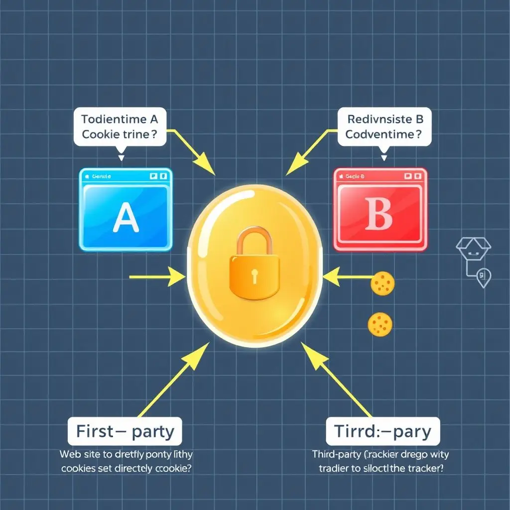 Illustration showing a user visiting Website A (first-party) and Website B (third-party tracker) simultaneously interacting with the user's browser via cookies