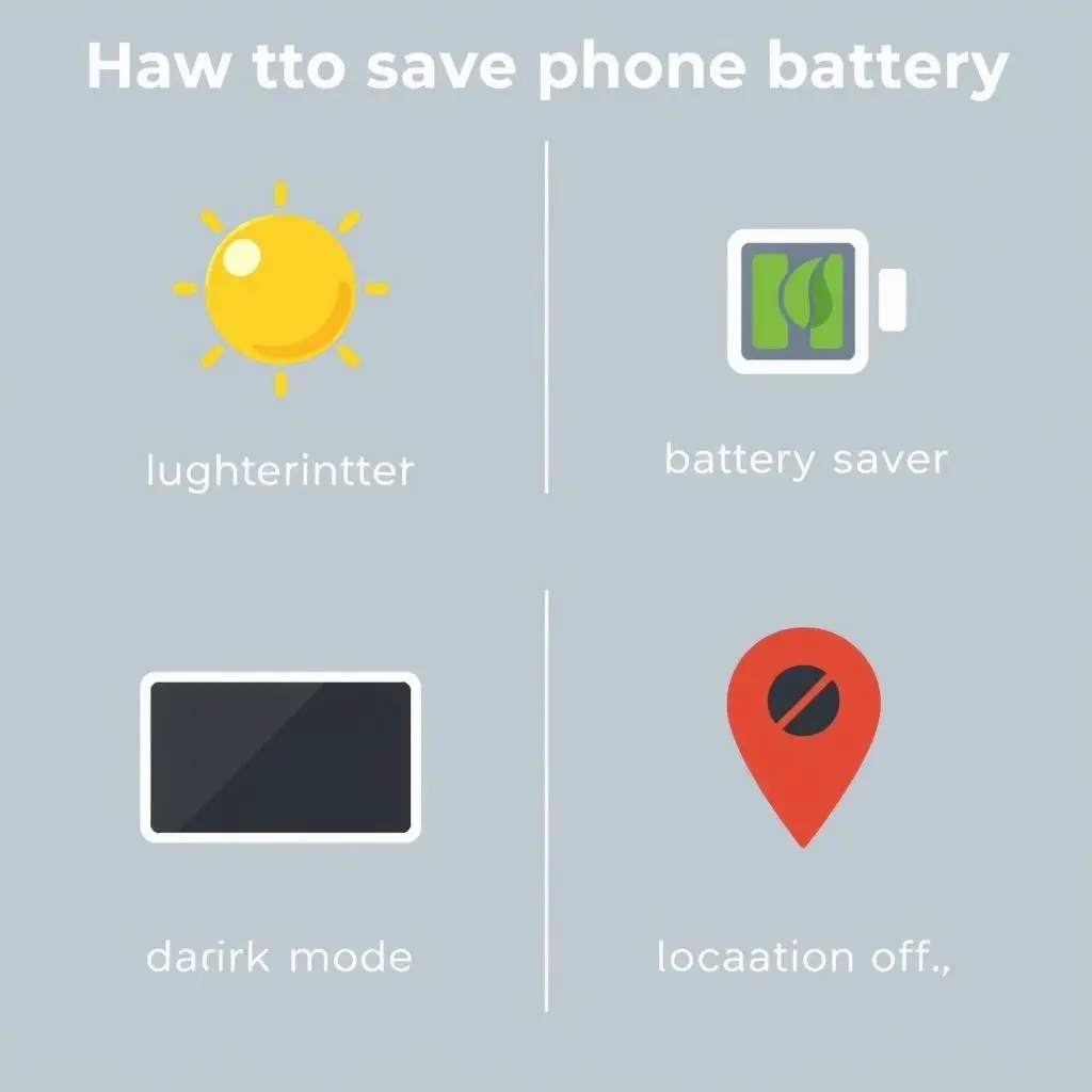Icons representing actual ways to save phone battery like lowering brightness, using dark mode, limiting location services