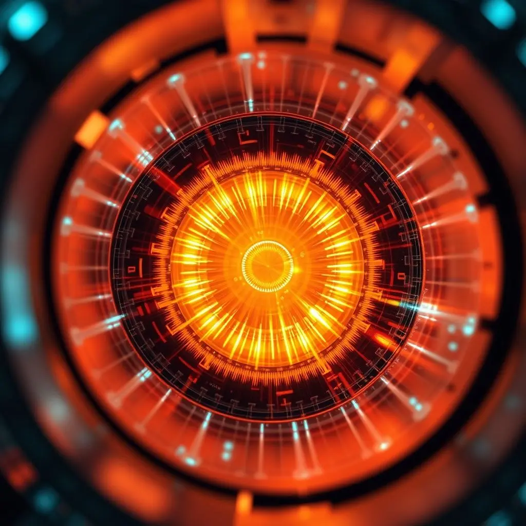 Glowing plasma core inside a tokamak fusion reactor, showcasing magnetic coils.