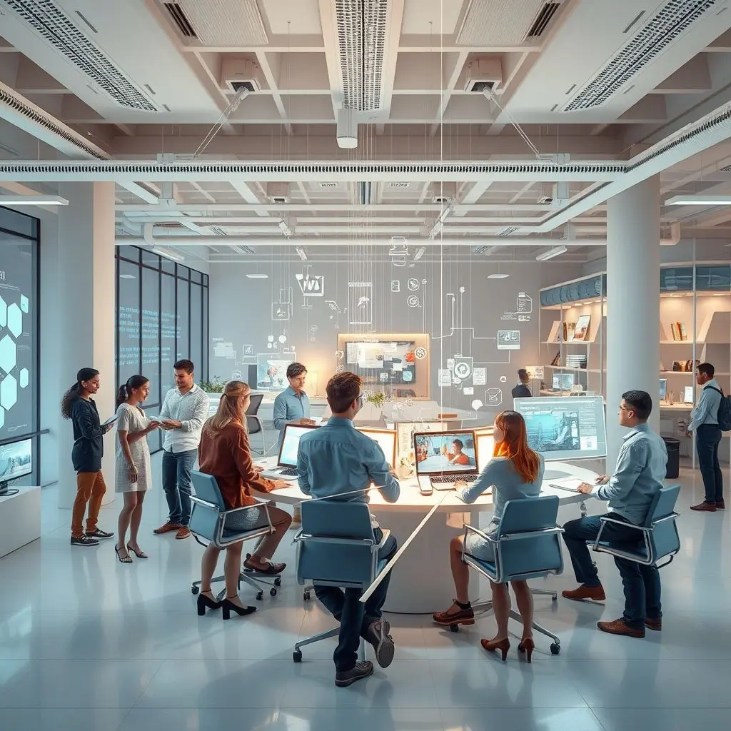 Futuristic scene showing people seamlessly interacting with digital information and objects blended into their real-world environment, representing the future of XR.