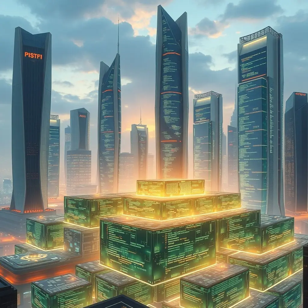 Futuristic city with foundations of glowing code blocks